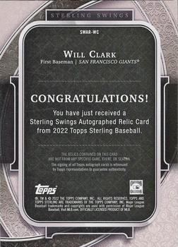 2022 Topps Sterling - Sterling Swings Autograph Relics Blue #SWAR-WC Will Clark Back