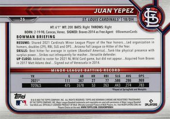 2022 Bowman Chrome #26 Juan Yepez Back