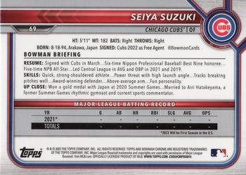 2022 Bowman Chrome #69 Seiya Suzuki Back