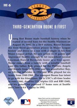 1993 Upper Deck - Season Highlights #HI6 Bret Boone Back
