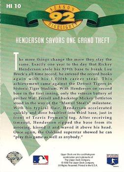 1993 Upper Deck - Season Highlights #HI10 Rickey Henderson Back