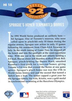 1993 Upper Deck - Season Highlights #HI18 Ed Sprague Back
