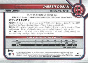 2022 Bowman - Blue Pattern #84 Jarren Duran Back