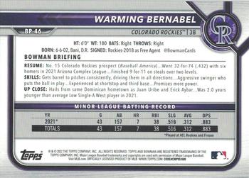 2022 Bowman - Prospects Blue Pattern #BP-46 Warming Bernabel Back