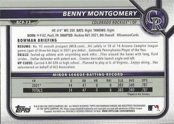 2022 Bowman - Chrome Prospects Mojo Refractor #BCP-73 Benny Montgomery Back