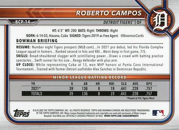 2022 Bowman - Chrome Prospects Mojo Purple Refractor #BCP-14 Roberto Campos Back