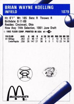 1992 Fleer ProCards Cedar Rapids Reds SGA #1079 Brian Koelling Back