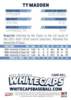 2022 Choice West Michigan Whitecaps #1 Ty Madden Back