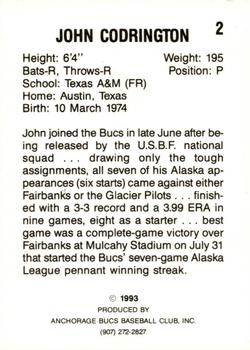 1993 Anchorage Bucs #2 John Codrington Back