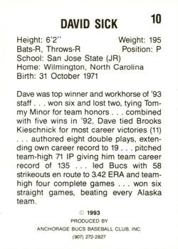 1993 Anchorage Bucs #10 David Sick Back
