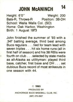1993 Anchorage Bucs #14 John McAninch Back