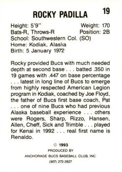 1993 Anchorage Bucs #19 Rocky Padilla Back