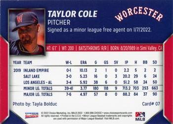 2022 Choice Worcester Red Sox #07 Taylor Cole Back