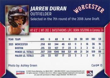 2022 Choice Worcester Red Sox #13 Jarren Duran Back