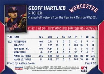 2022 Choice Worcester Red Sox #20 Geoff Hartlieb Back