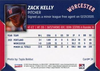 2022 Choice Worcester Red Sox #24 Zack Kelly Back