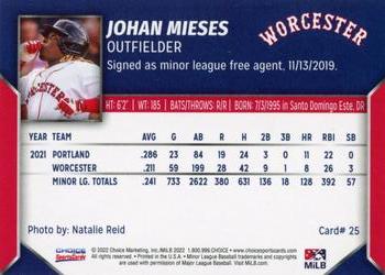 2022 Choice Worcester Red Sox #25 Johan Mieses Back