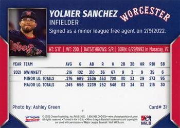 2022 Choice Worcester Red Sox #31 Yolmer Sanchez Back