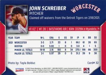 2022 Choice Worcester Red Sox #32 John Schreiber Back