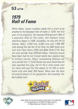 1993 Upper Deck - Baseball Heroes: Willie Mays #53 Willie Mays Back