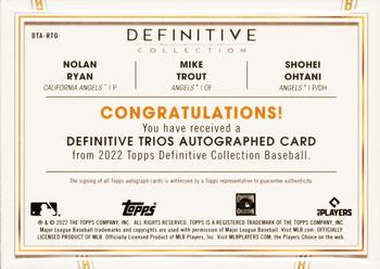 2022 Topps Definitive Collection - Definitive Trios Autographs Purple #DTA-RTO Nolan Ryan / Mike Trout / Shohei Ohtani Back