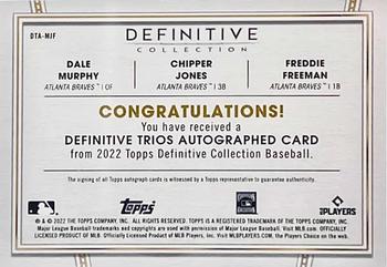 2022 Topps Definitive Collection - Definitive Trios Autographs Red #DTA-MJF Dale Murphy / Chipper Jones / Freddie Freeman Back