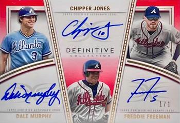 2022 Topps Definitive Collection - Definitive Trios Autographs Red #DTA-MJF Dale Murphy / Chipper Jones / Freddie Freeman Front