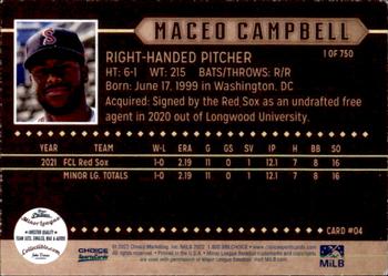 2022 Choice Salem Red Sox #04 Maceo Campbell Back
