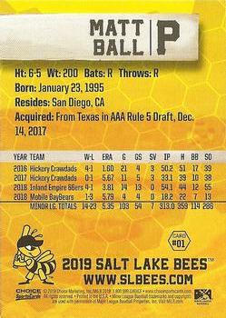 2019 Choice Salt Lake Bees #01 Matt Ball Back