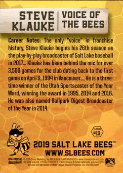 2019 Choice Salt Lake Bees #13 Steve Klauke Back