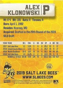2019 Choice Salt Lake Bees #14 Alex Klonowski Back