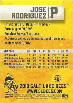 2019 Choice Salt Lake Bees #25 Jose Rodriguez Back