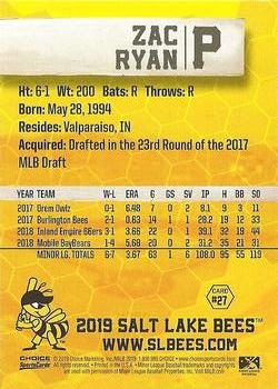 2019 Choice Salt Lake Bees #27 Zac Ryan Back