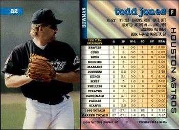 1994 Bowman #22 Todd Jones Back