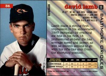 1994 Bowman #36 David Lamb Back