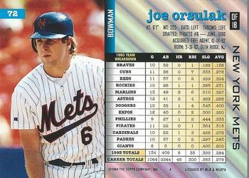 1994 Bowman #72 Joe Orsulak Back