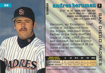 1994 Bowman #92 Andres Berumen Back