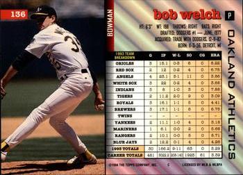 1994 Bowman #136 Bob Welch Back