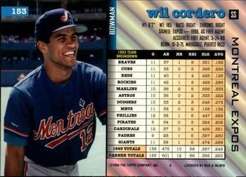1994 Bowman #153 Wil Cordero Back