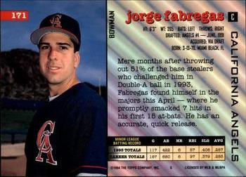 1994 Bowman #171 Jorge Fabregas Back