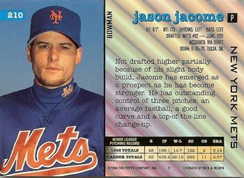 1994 Bowman #210 Jason Jacome Back
