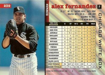 1994 Bowman #239 Alex Fernandez Back