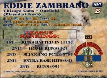 1994 Bowman #337 Eddie Zambrano Back