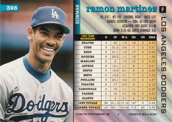 1994 Bowman #398 Ramon Martinez Back