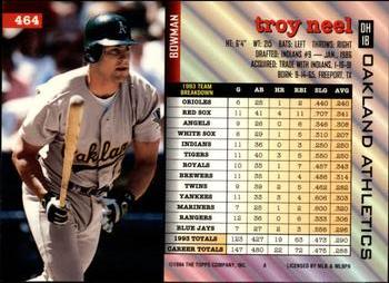 1994 Bowman #464 Troy Neel Back