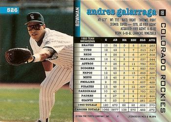 1994 Bowman #526 Andres Galarraga Back