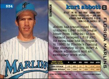 1994 Bowman #534 Kurt Abbott Back