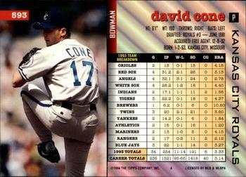 1994 Bowman #593 David Cone Back