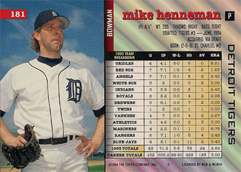 1994 Bowman #181 Mike Henneman Back
