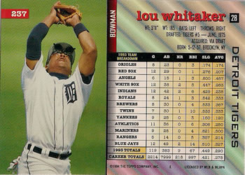 1994 Bowman #237 Lou Whitaker Back